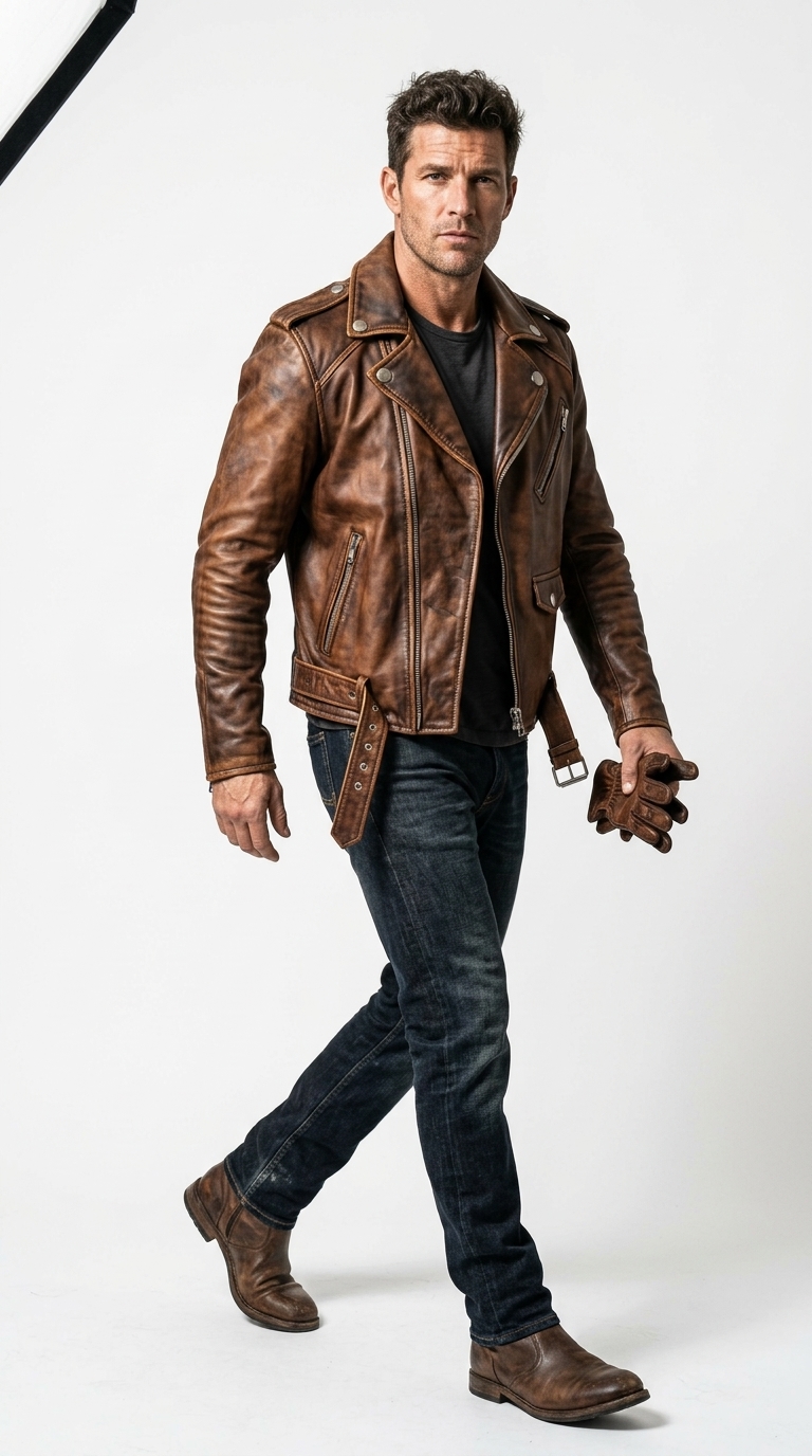 Men's Vintage Brown Biker Jacket - Image 2