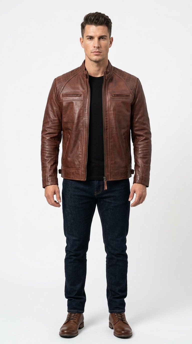 Men's Brown Quilted Cafe Racer Jacket