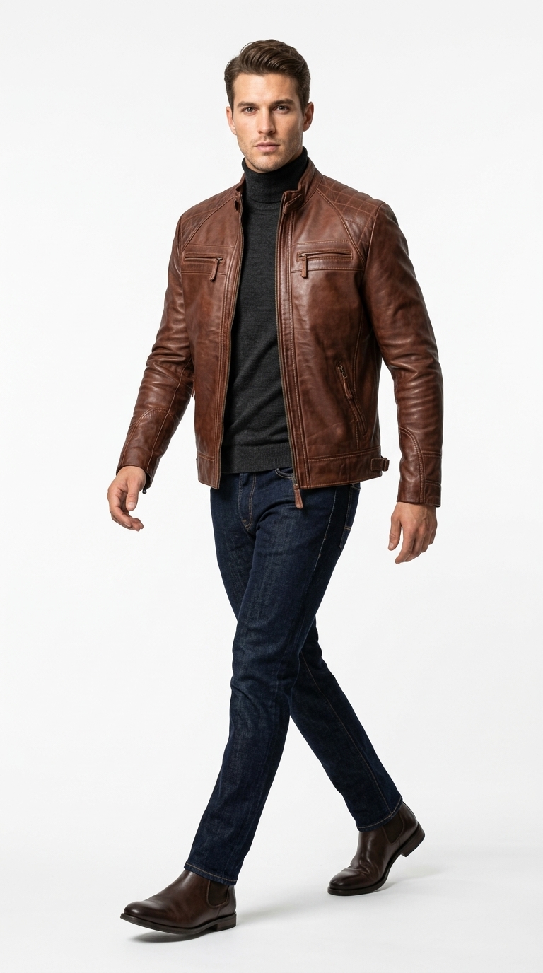 Men's Brown Quilted Cafe Racer Jacket - Image 2