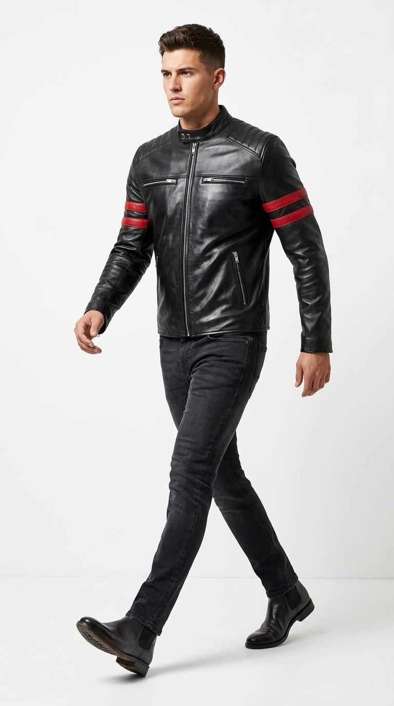 Men's Black Red Stripe Biker Jacket - Image 2