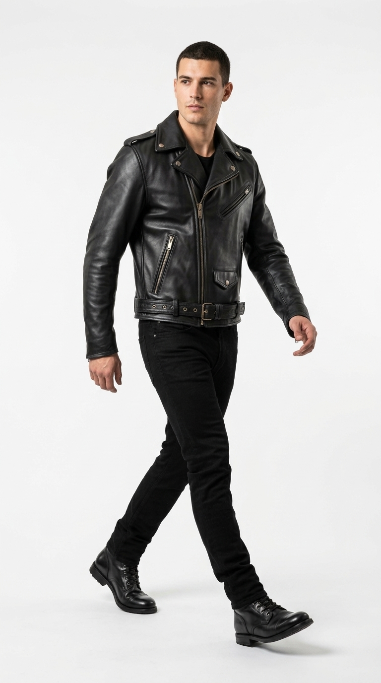 Men's Black Genuine Leather Biker Jacket - Image 3