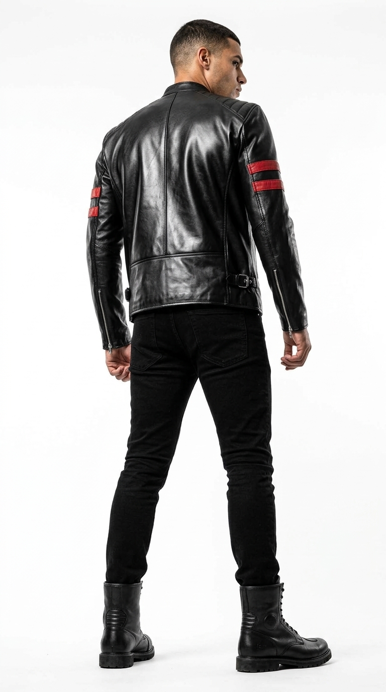 Men's Black Red Stripe Biker Jacket - Image 3