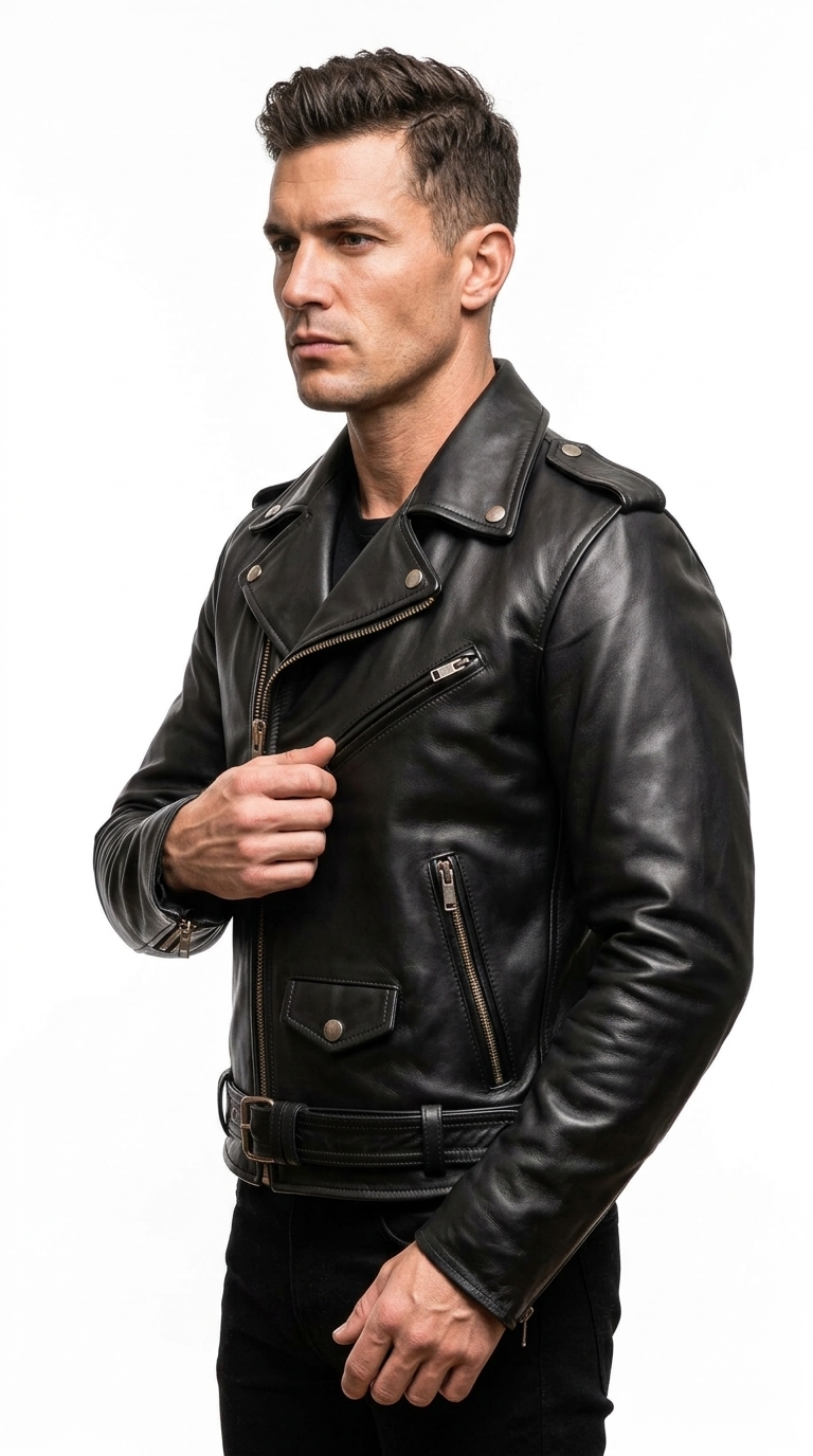Men's Black Genuine Leather Biker Jacket - Image 2