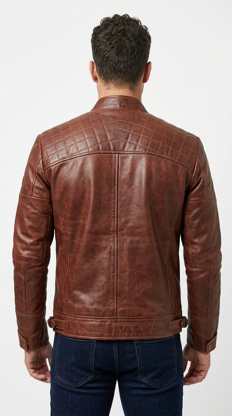 Men's Brown Quilted Cafe Racer Jacket - Image 4