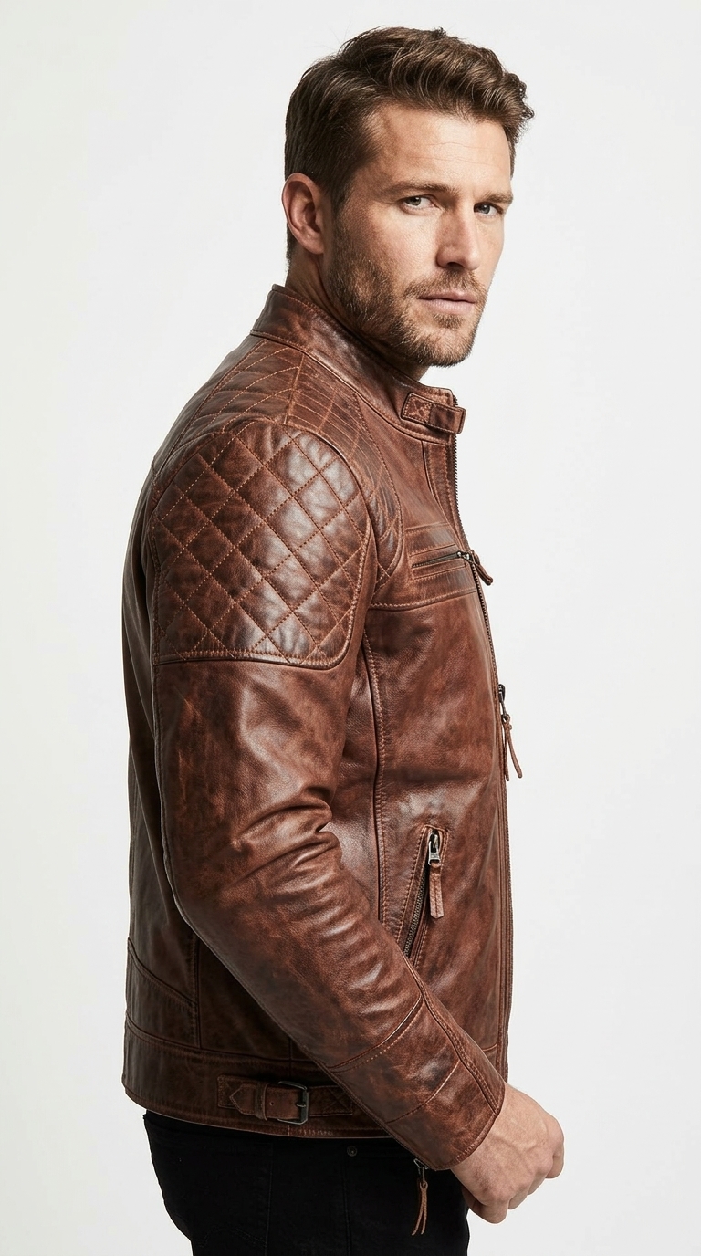 Men's Brown Quilted Cafe Racer Jacket - Image 3