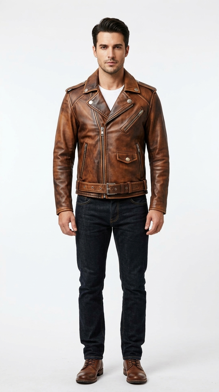 Men's Vintage Brown Biker Jacket
