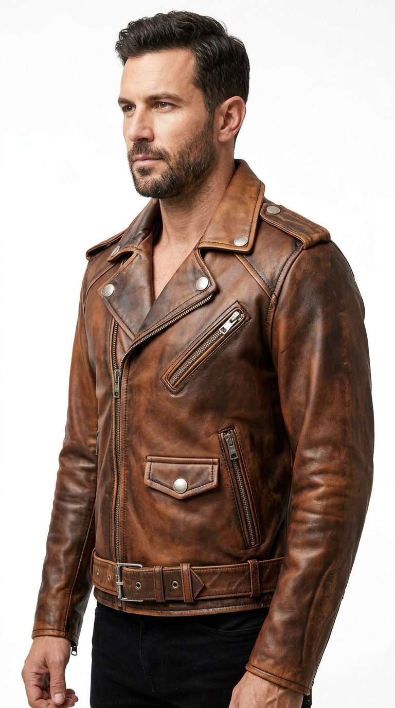 Men's Vintage Brown Biker Jacket - Image 3