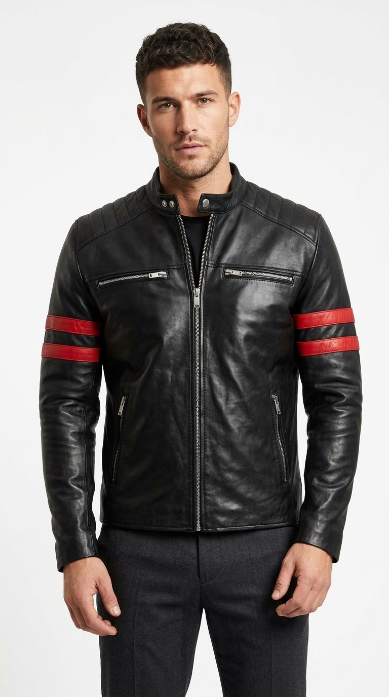 Men's Black Red Stripe Biker Jacket