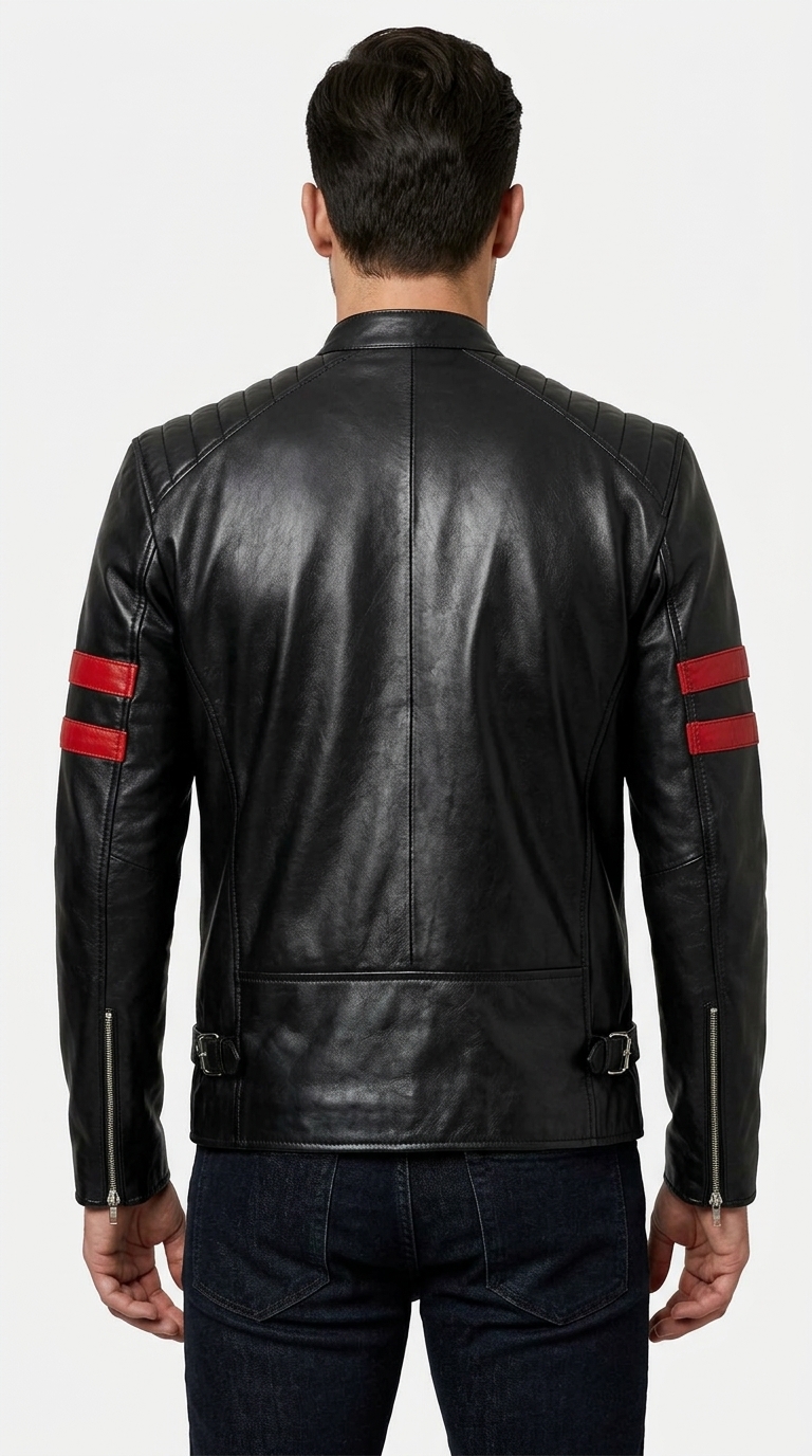 Men's Black Red Stripe Biker Jacket - Image 5