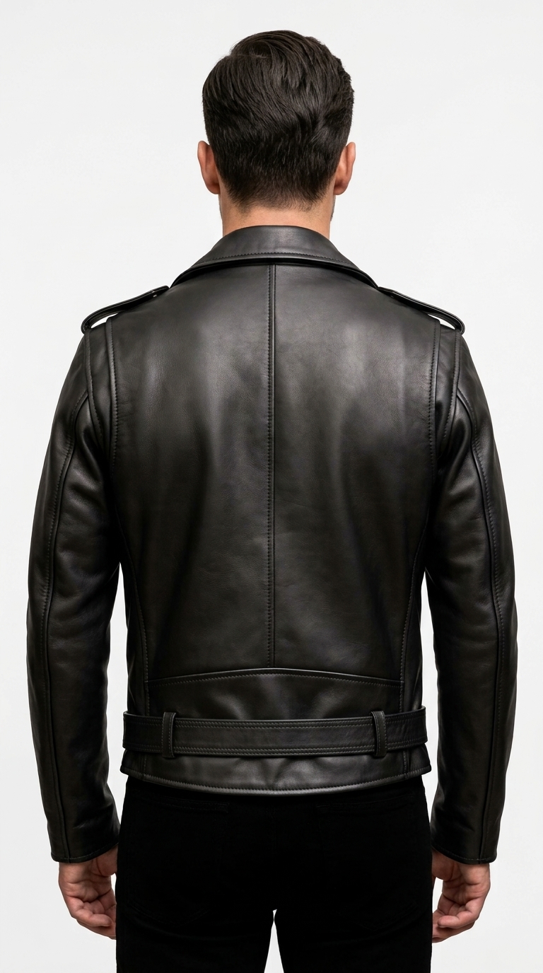 Men's Black Genuine Leather Biker Jacket - Image 4